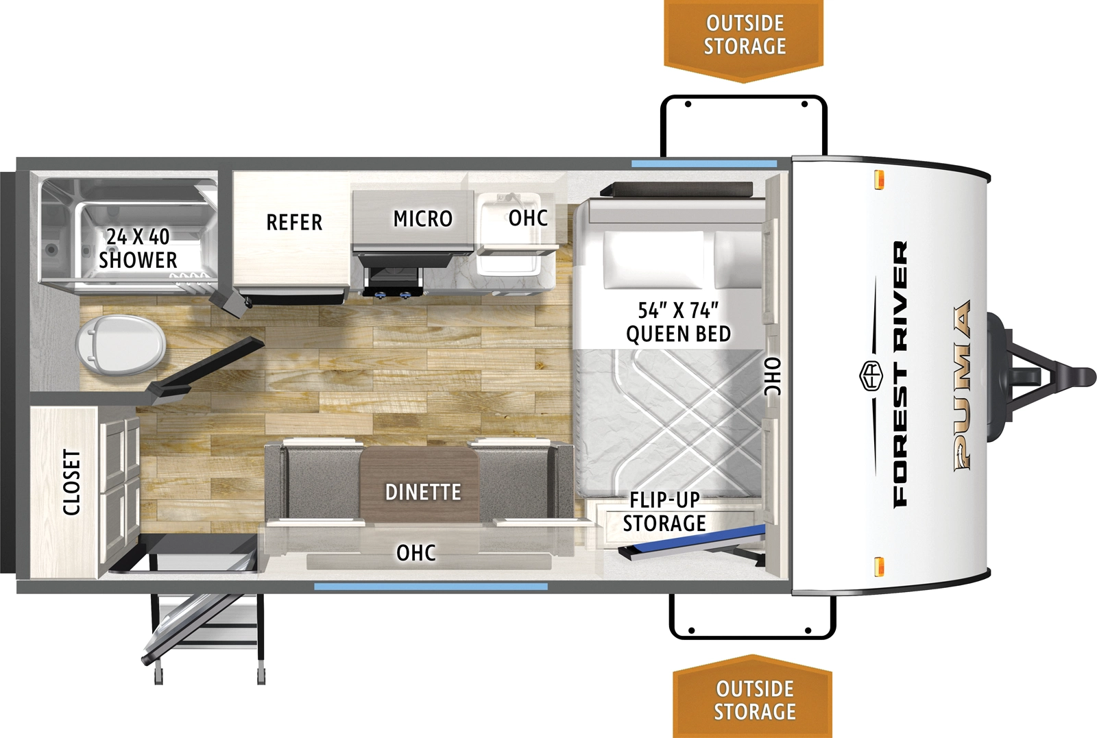 The Puma Camping Edition 12FBCE floorplan has one entry and zero slide outs. Exterior features include: metal exterior and 11' awning. Interiors features include: front bedroom.
